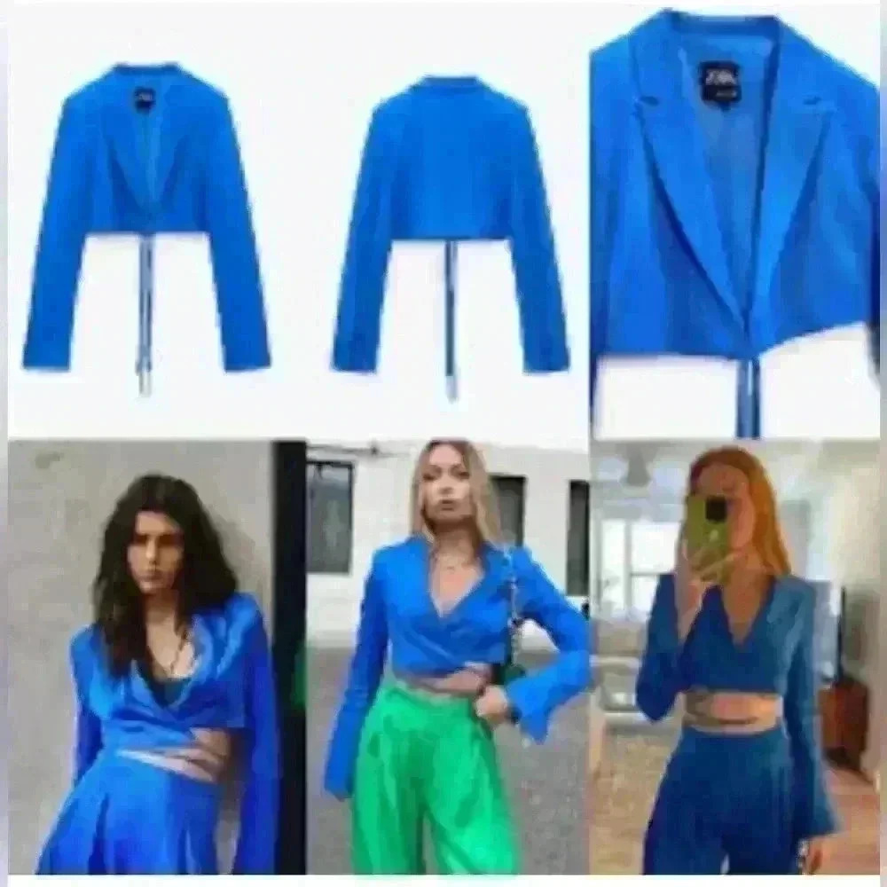 ZARA blue satin cropped wrap blazer sz small S
